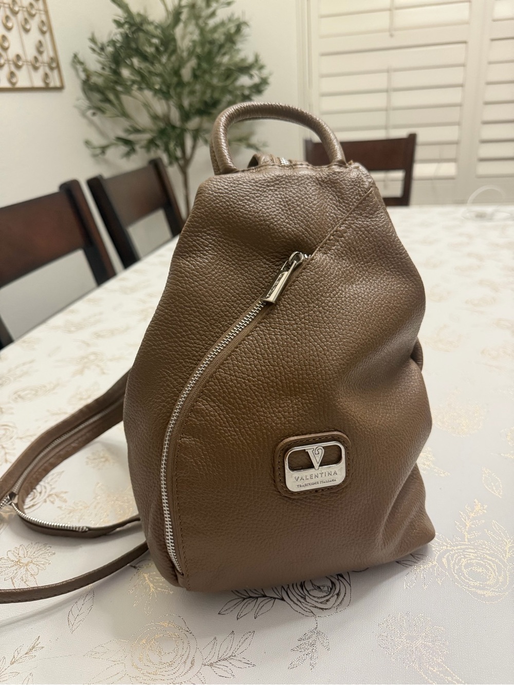 VALENTINA Italy Taupe Brown Pebbled Leather Backpack Convertible Sling Bag